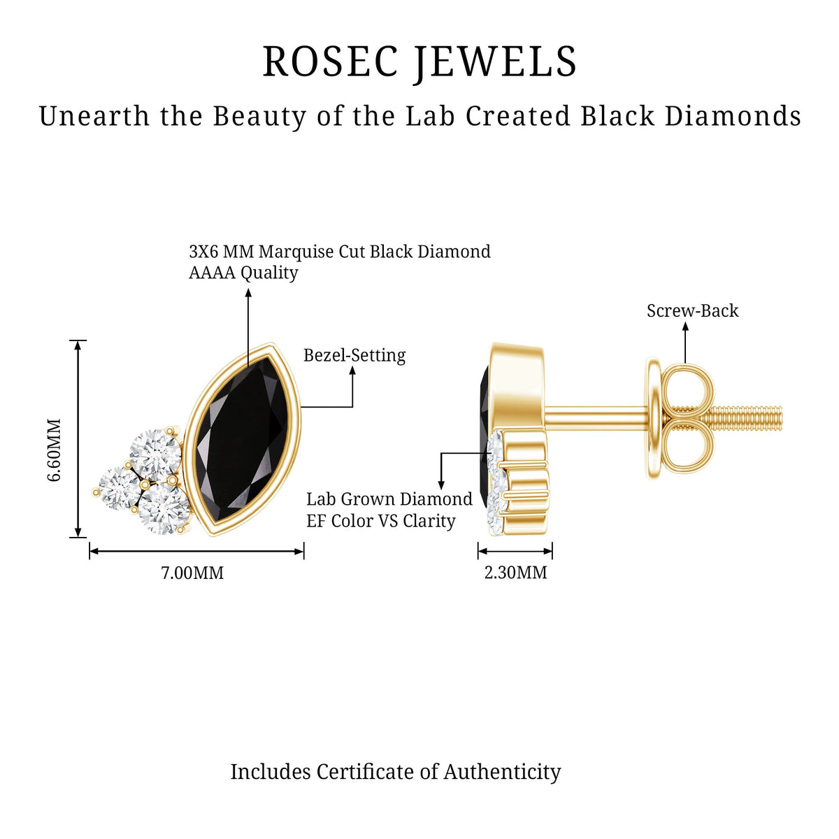 Marquise shape 0.7 carat lab-grown black and white diamond stud earrings by Rosec Jewels, showcasing sparkling gemstones.