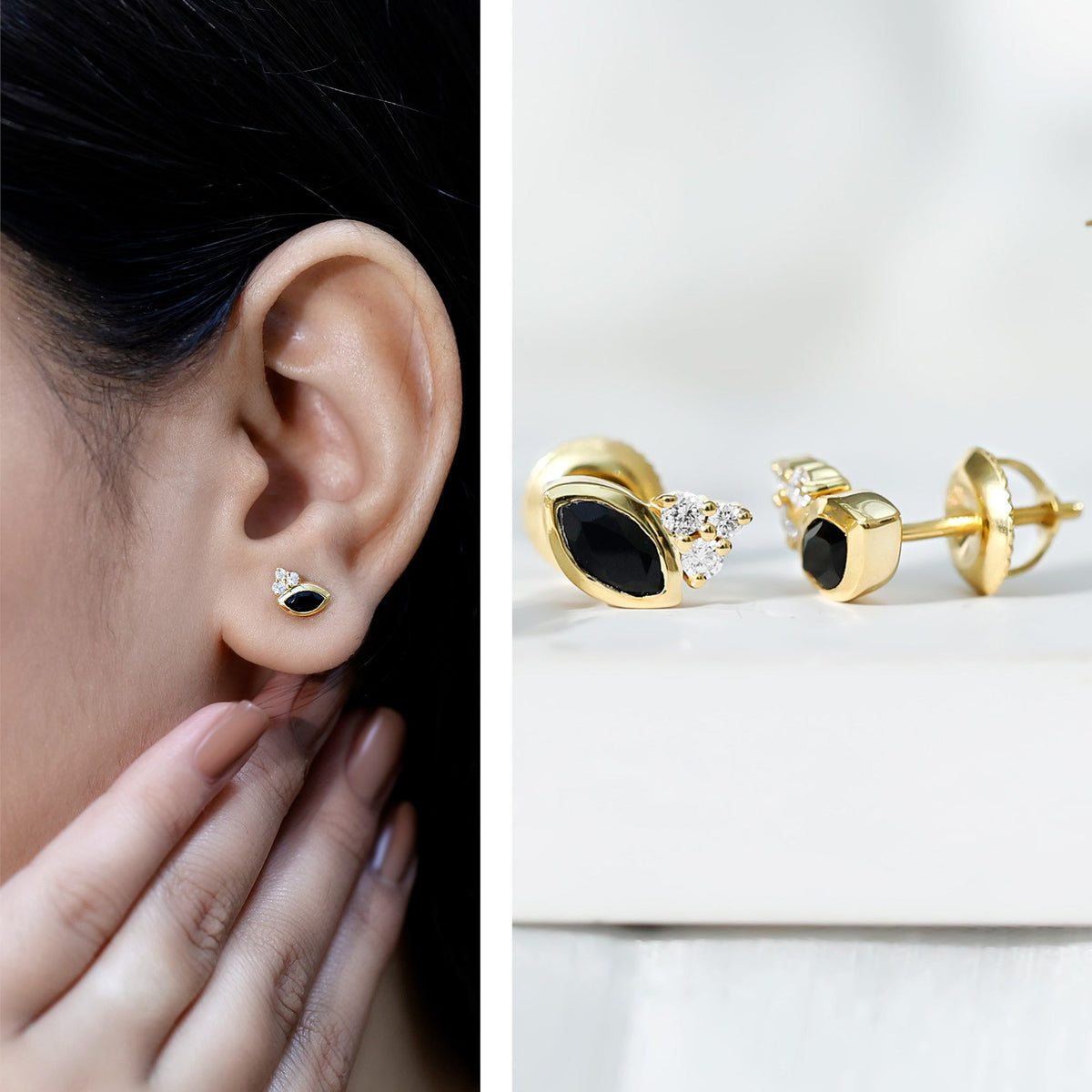 Marquise shape 0.7 carat lab-grown black and white diamond stud earrings by Rosec Jewels on a white background.