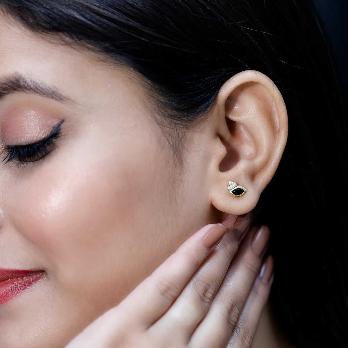 Marquise shape 0.7 carat lab-grown black and white diamond stud earrings by Rosec Jewels, featuring elegant gemstone design