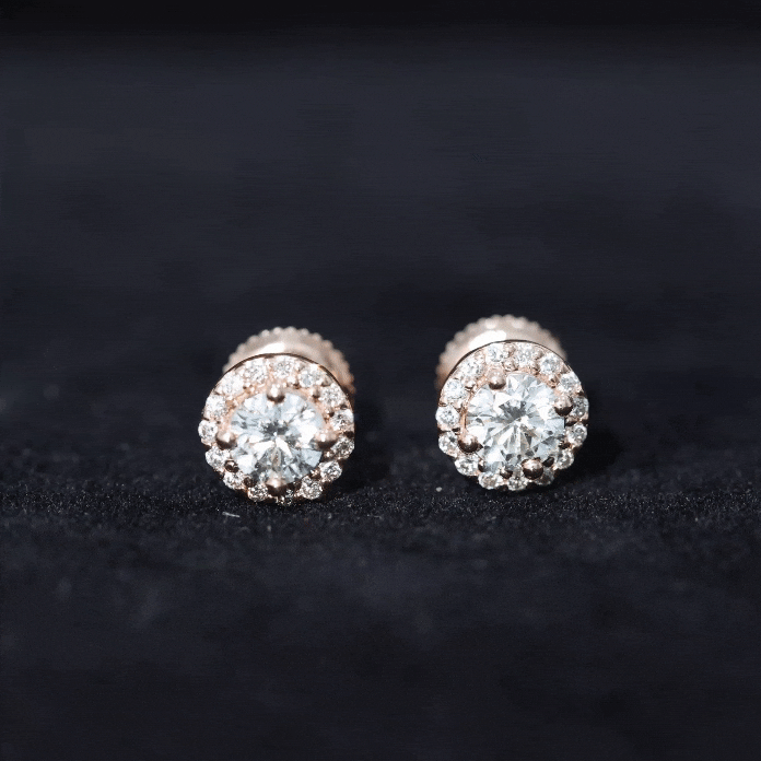 Yellow gold lab grown diamond halo stud earrings with 0.64 CTW, 4mm size, screw back, from Rosec Jewels.
