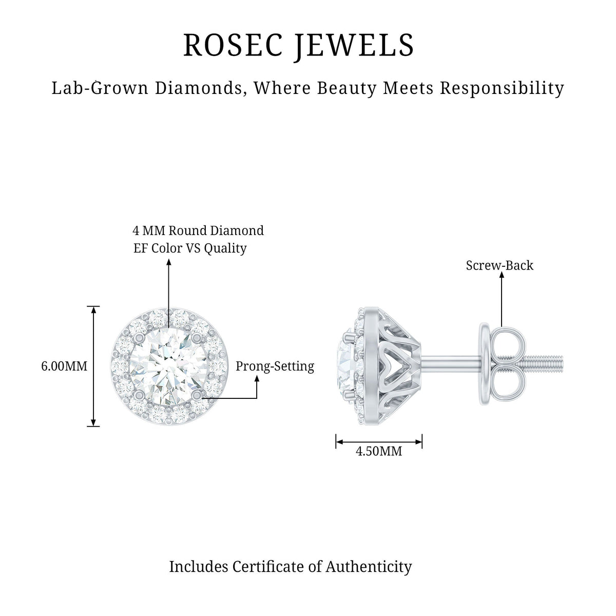 0.64 CTW Lab Grown Diamond Halo Stud Earrings (4mm, Screw Back)