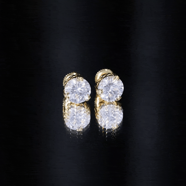 Yellow gold diamond stud earrings with 8mm round diamonds and screw back from Rosec Jewels.