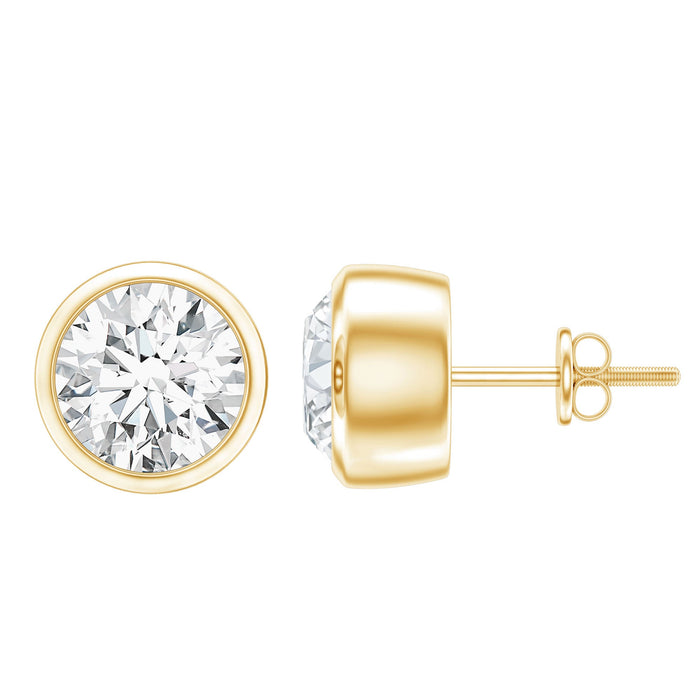 Bezel set lab grown diamond solitaire stud earrings by Rosec Jewels, featuring sparkling diamonds in a sleek earring design.