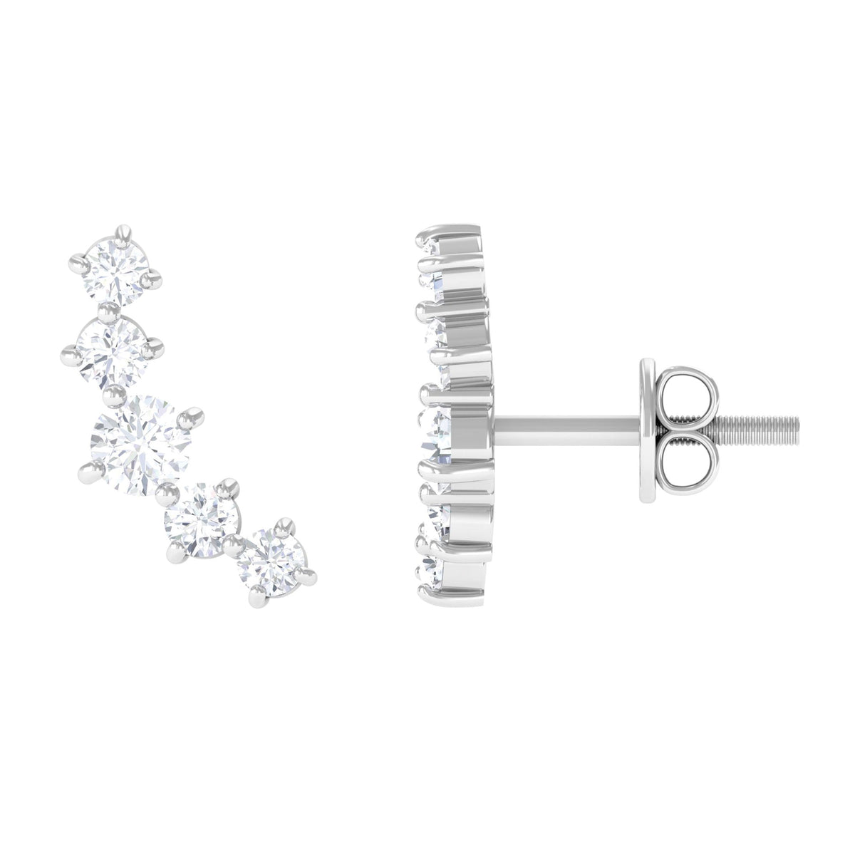 Round Diamond Curved Crawler Stud Earrings with Screw Backs