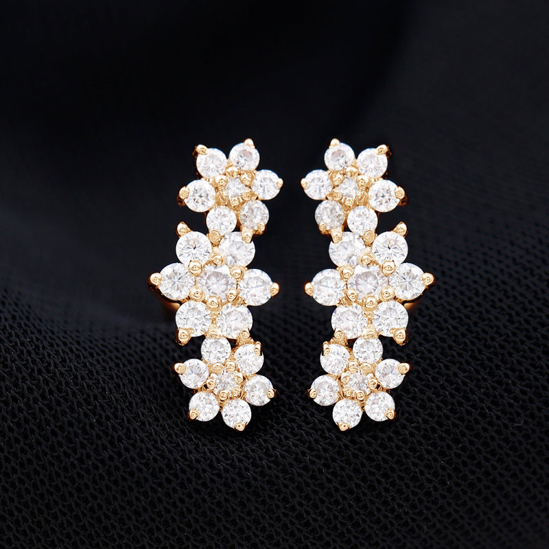Rosec Jewels certified moissanite flower stud earrings for women, featuring sparkling floral design in sterling silver.