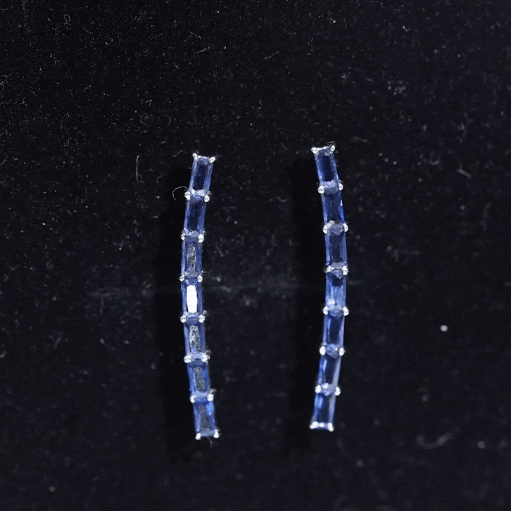Yellow baguette cut lab grown blue sapphire climber earrings by Rosec Jewels, featuring elegant gemstone accents in a stylish design.