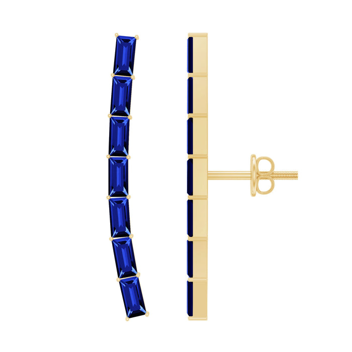 Baguette cut lab-grown blue sapphire climber earrings by Rosec Jewels, featuring sparkling blue sapphires and elegant earring design.