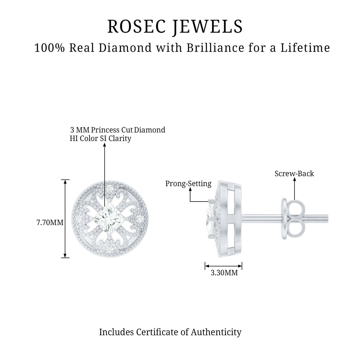 Rosec Jewels real diamond bridal stud earrings with certificate, featuring sparkling diamond studs on a classic setting.