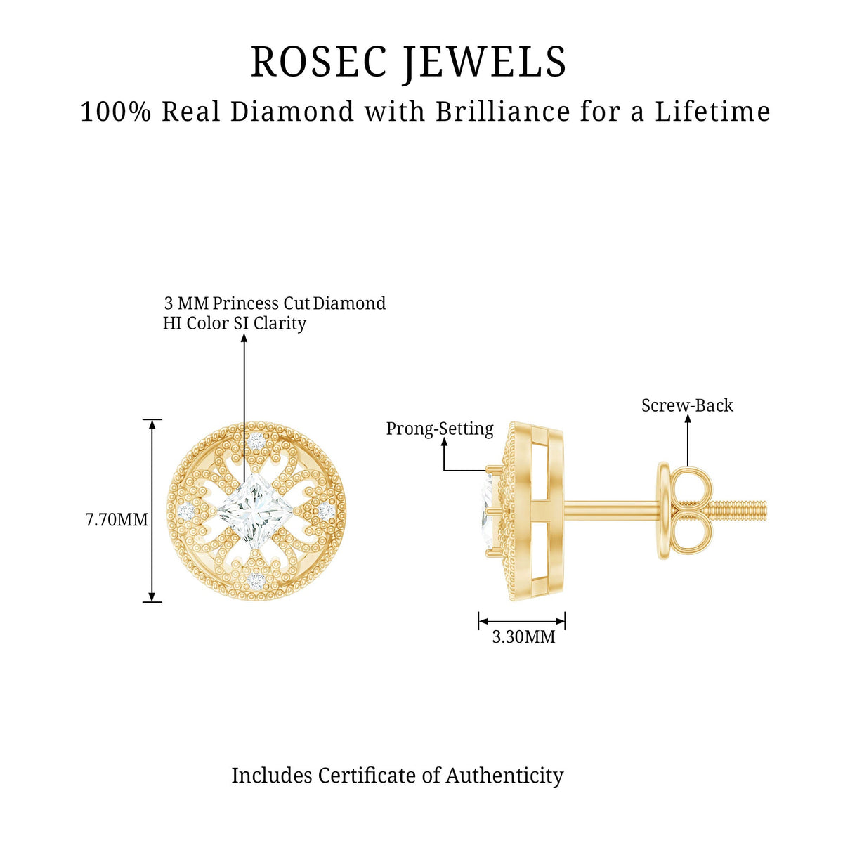 Rosec Jewels real diamond bridal stud earrings with certificate, showcasing sparkling diamond earrings on a white background.