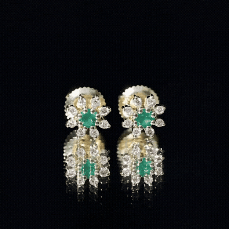 Natural emerald and diamond floral stud earrings from Rosec Jewels featuring intricate gemstone settings and elegant design.