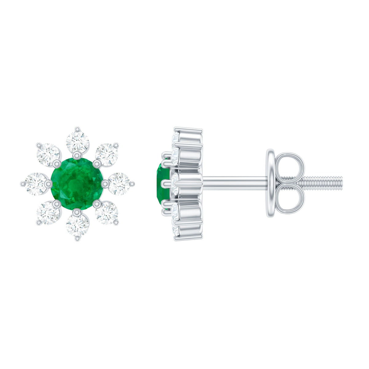 Natural emerald and diamond floral stud earrings by Rosec Jewels featuring intricate design and sparkling gemstones.