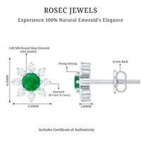 Natural emerald and diamond floral stud earrings by Rosec Jewels featuring intricate design and sparkling gemstones.