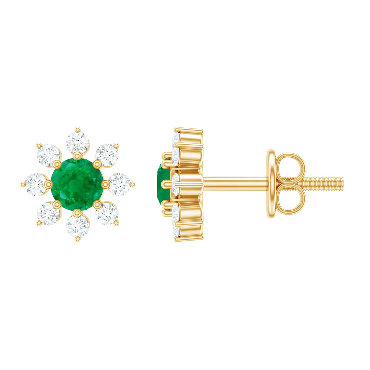 Natural emerald and diamond floral stud earrings from Rosec Jewels featuring intricate design and sparkling gemstones.