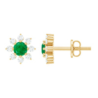 Natural emerald and diamond floral stud earrings from Rosec Jewels featuring intricate design and sparkling gemstones.