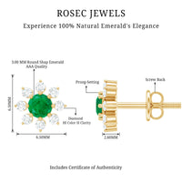 Natural emerald and diamond floral stud earrings by Rosec Jewels, featuring intricate gemstone floral designs.