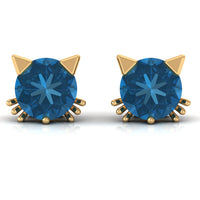 1.2 Carat Round Shape London Blue Topaz Cat Stud Earrings
