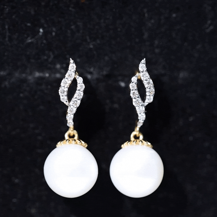 14.9 carat freshwater pearl drop earrings with diamond accents by Rosec Jewels, featuring elegant yellow gold setting.