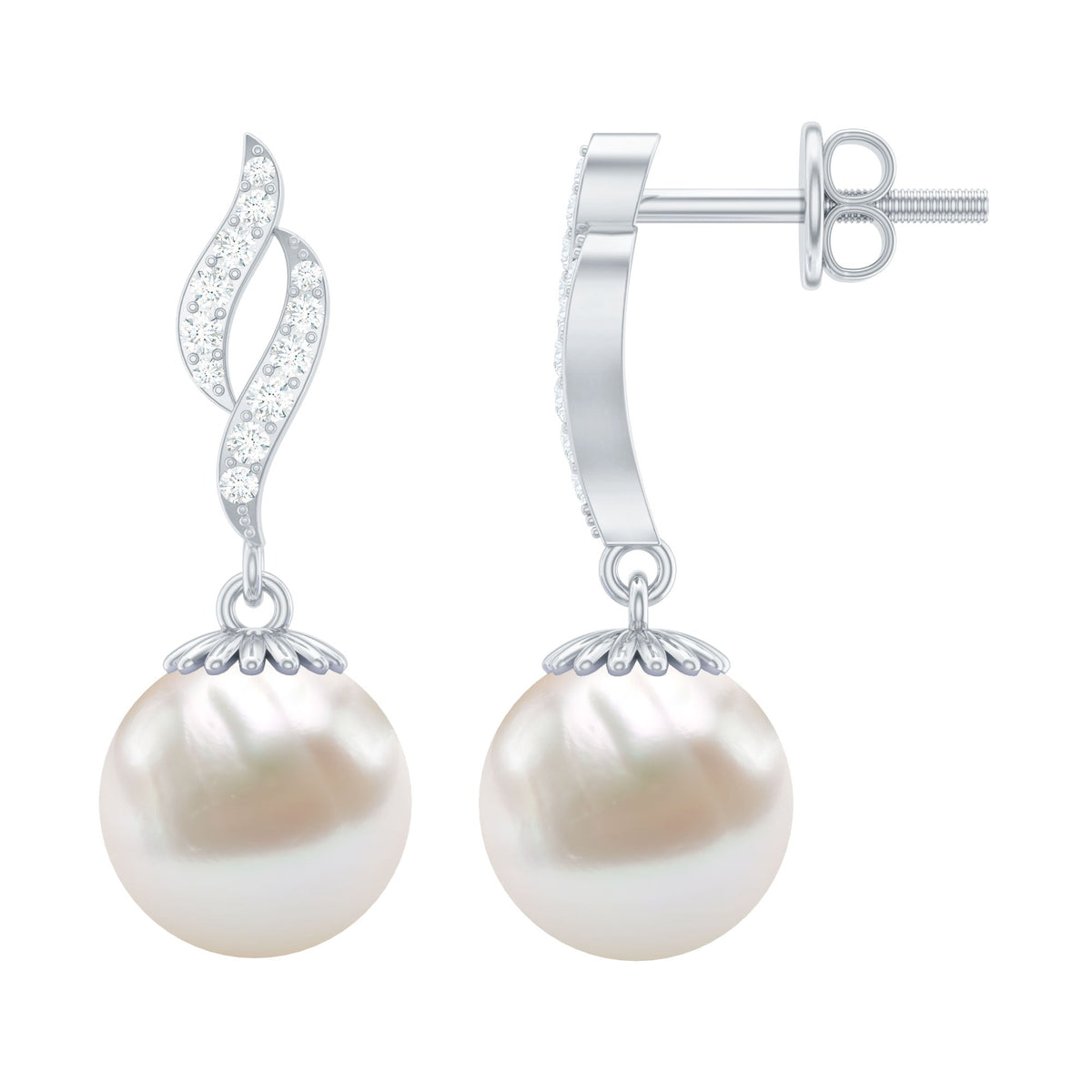Freshwater pearl drop earrings with diamond accents by Rosec Jewels, featuring elegant pearl and sparkling diamond details.