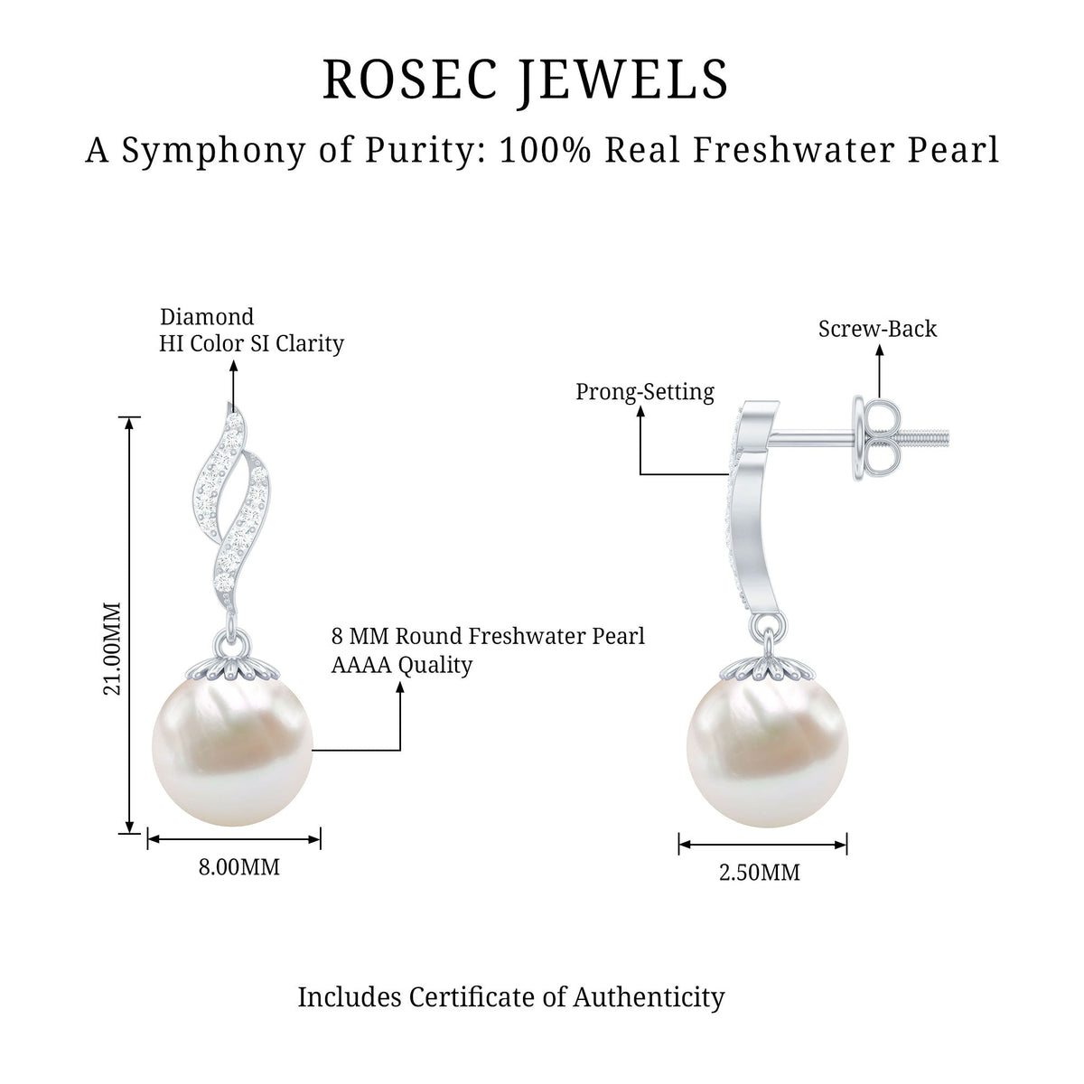 Freshwater pearl drop earrings with diamond accents by Rosec Jewels, showcasing elegant pearl and sparkling detail.