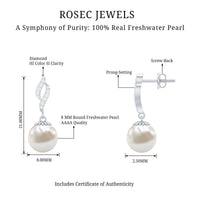 Freshwater pearl drop earrings with diamond accents by Rosec Jewels, showcasing elegant pearl and sparkling detail.