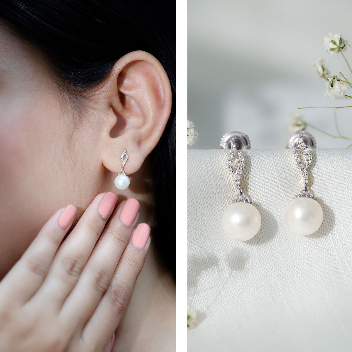 Rosec Jewels 14.9 carat freshwater pearl drop earrings with diamond accents, elegant jewelry featuring lustrous pearls and sparkling stones.