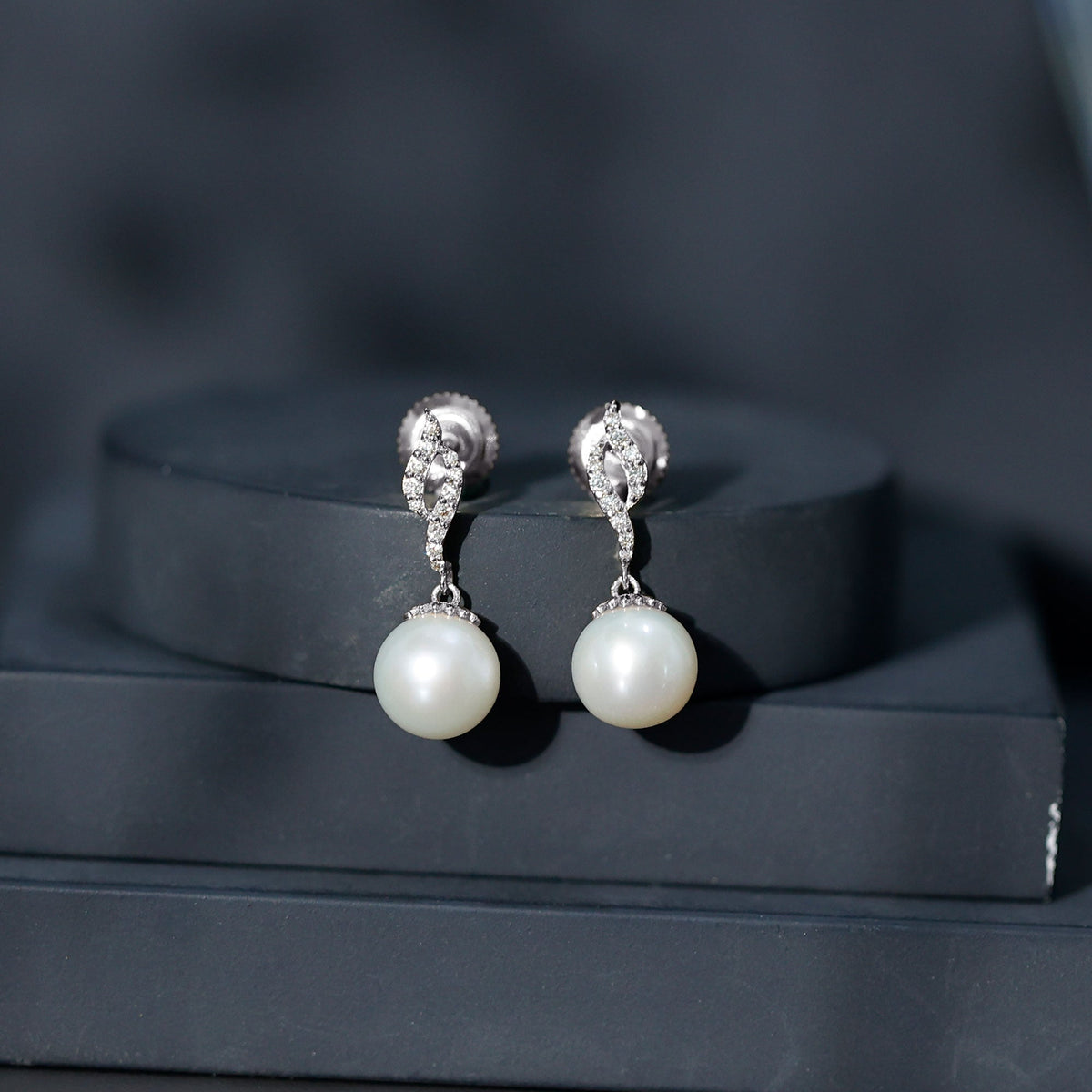 Freshwater pearl drop earrings with diamond accents by Rosec Jewels, featuring 14.9 carats of elegant pearls and sparkling detailing.