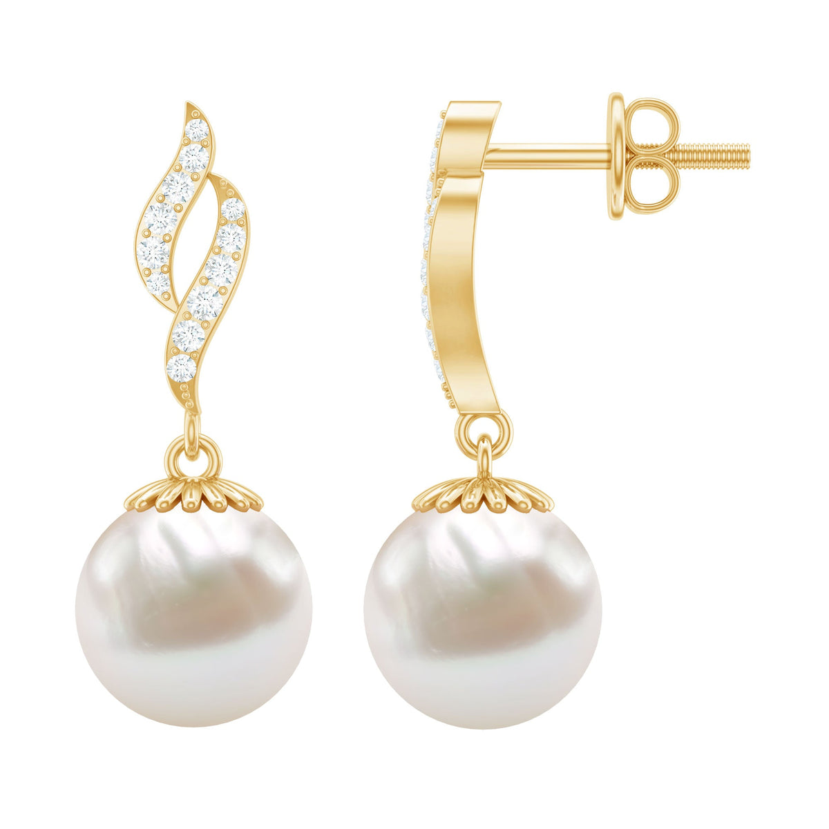 Freshwater pearl drop earrings with diamond accents by Rosec Jewels, featuring elegant earrings with lustrous pearls and sparkling stones.
