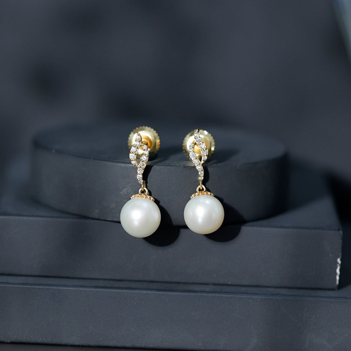 14.9 carat freshwater pearl drop earrings with diamond accents from Rosec Jewels, showcasing elegant pearl and sparkling diamond details.