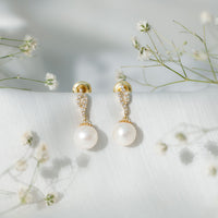 Rosec Jewels 14.9 Carat freshwater pearl drop earrings with diamond accents, elegant jewelry featuring dangling pearls and sparkling stones.