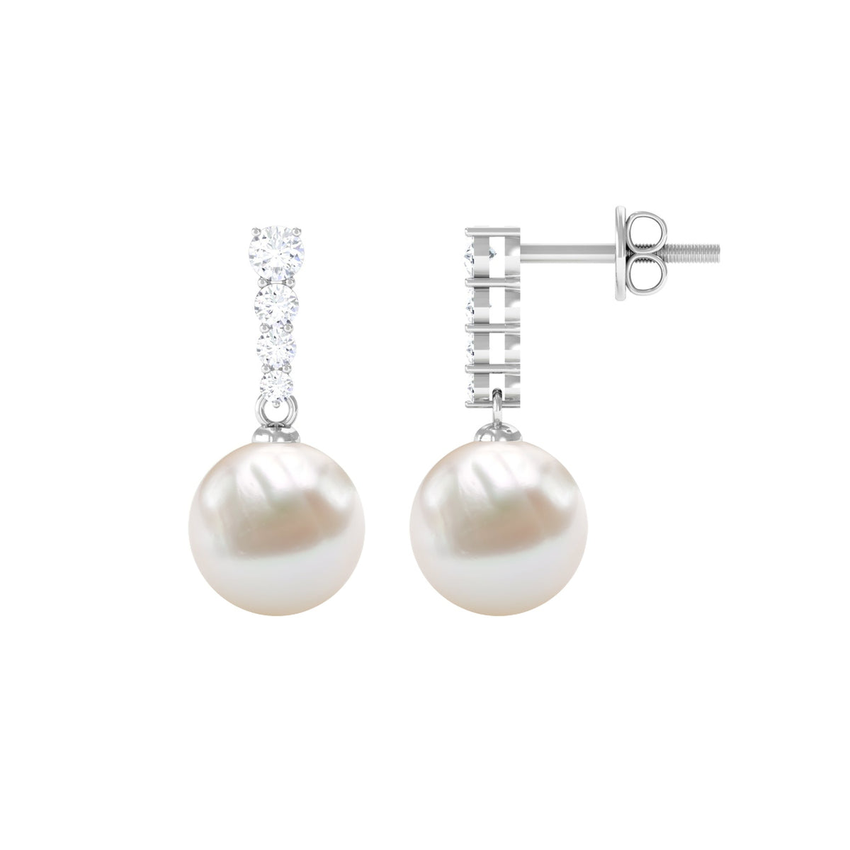 Rosec Jewels 15 Carat freshwater pearl drop earrings with diamond accents, elegant jewelry for special occasions.