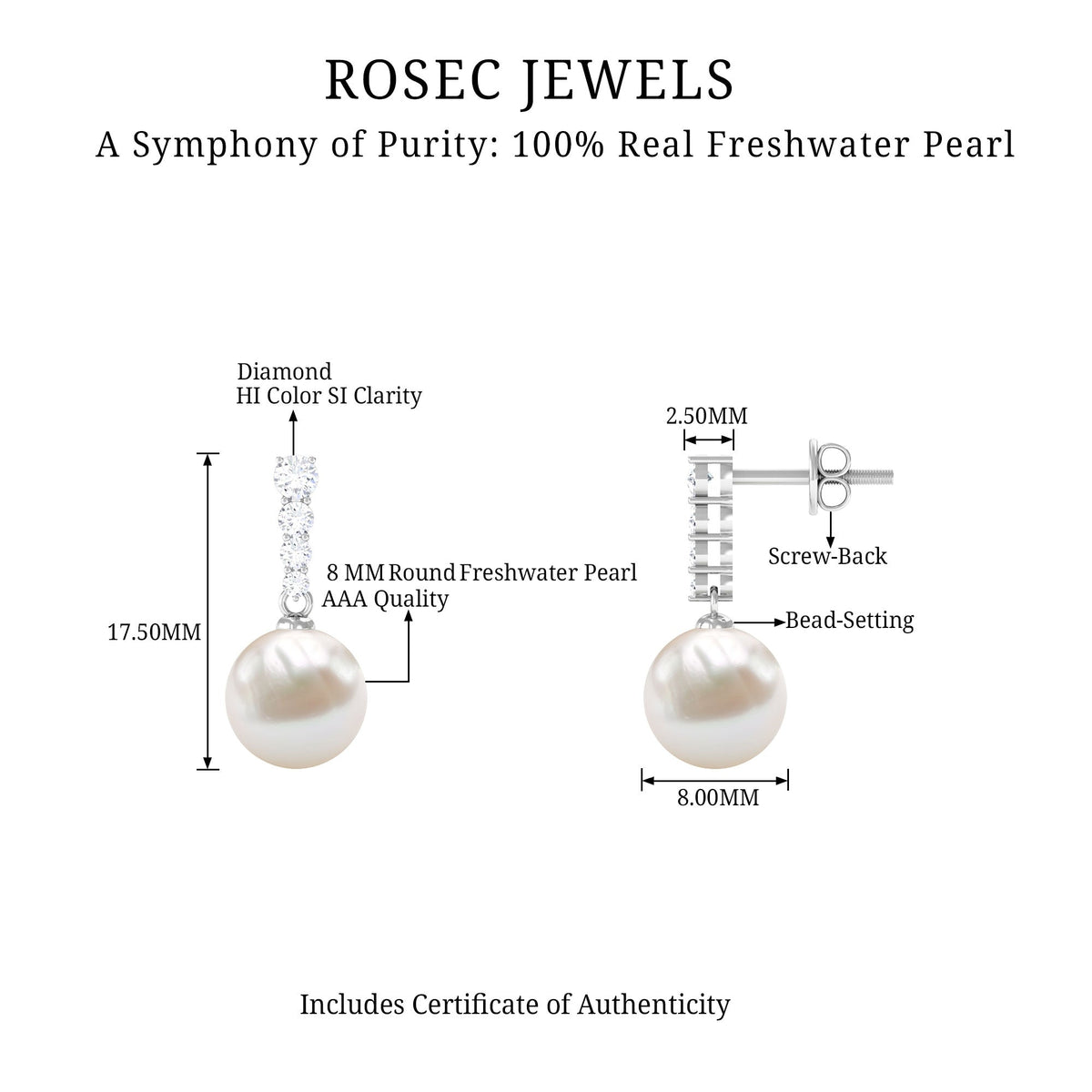 Rosec Jewels 15 Carat freshwater pearl drop earrings with diamond accents, showcasing elegant jewelry design.