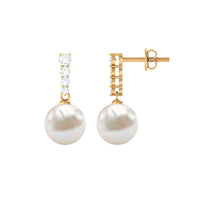 Rosec Jewels 15 Carat freshwater pearl drop earrings with diamond accents, elegant jewelry featuring pearl and diamond details