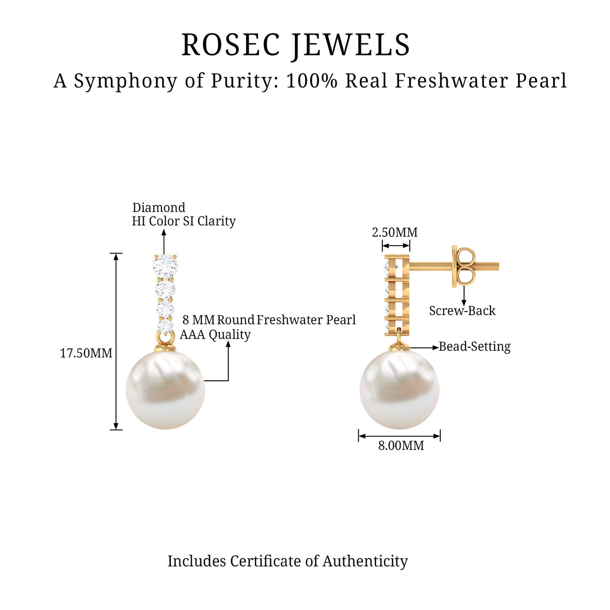 Rosec Jewels 15-carat freshwater pearl drop earrings with sparkling diamonds, elegant jewelry with a classic design