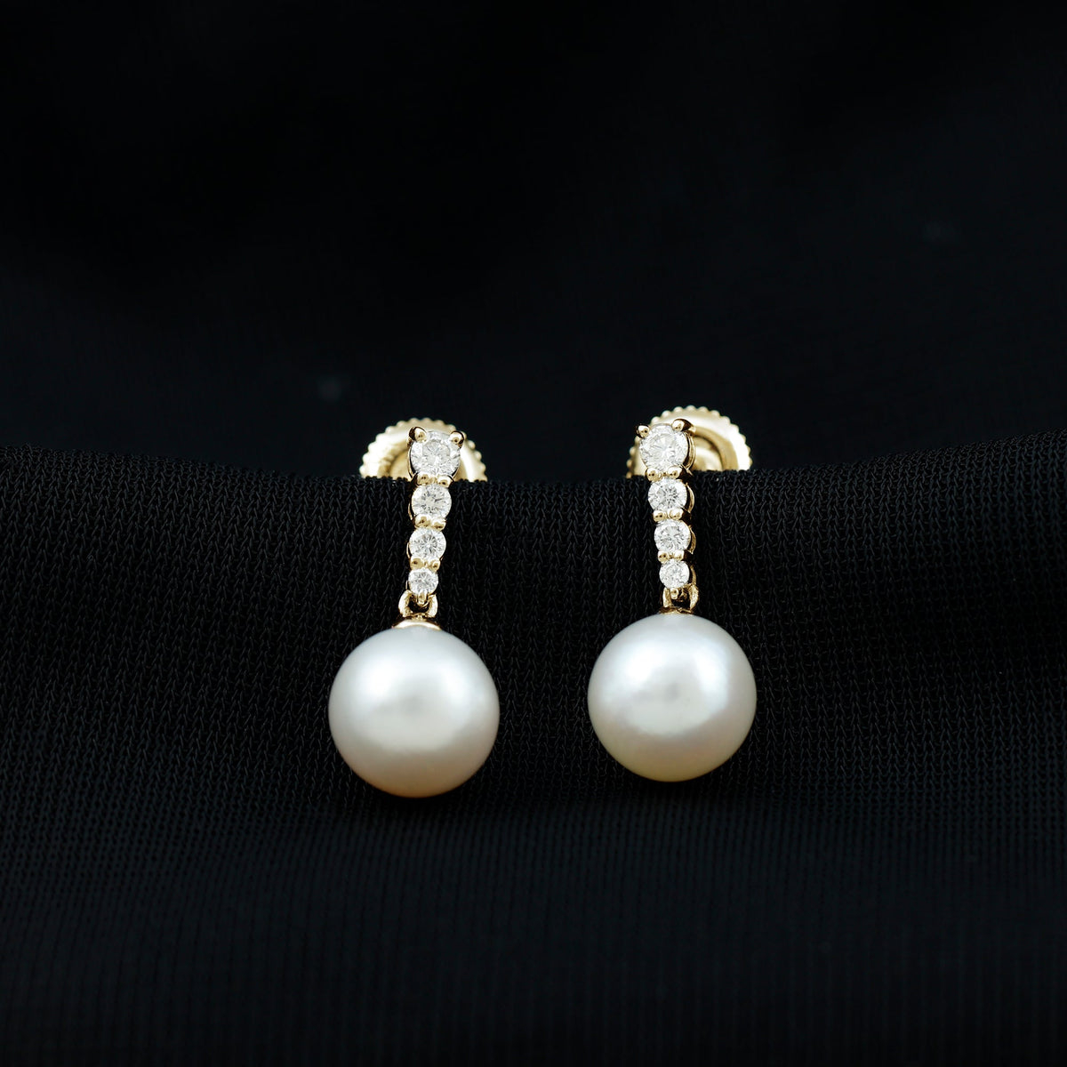Rosec Jewels 15 Carat freshwater pearl drop earrings with diamond accents, elegant jewelry featuring lustrous pearls and sparkling diamonds.