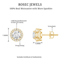 3 CT Certified Moissanite Minimal Stud Earrings with Halo in Gold