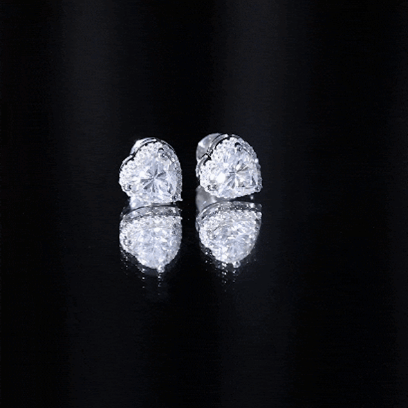 Certified 3 Carat Heart Moissanite Halo Stud Earrings by Rosec Jewels, featuring sparkling moissanite stones and elegant design.