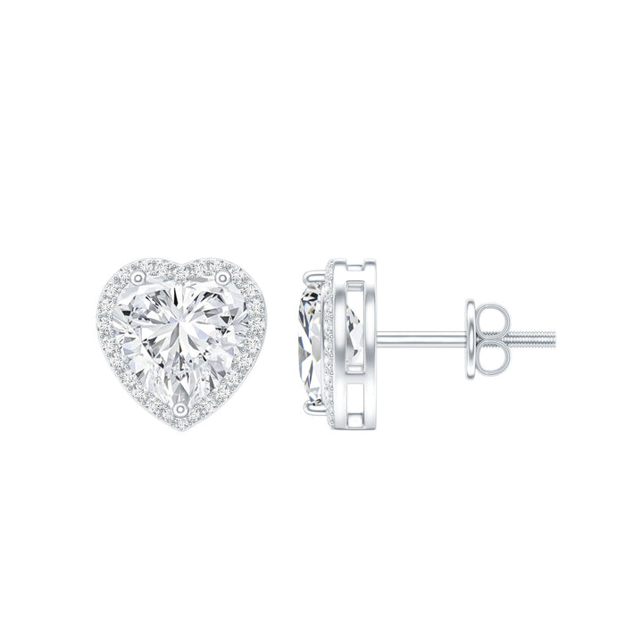 Certified 3 Carat Heart Moissanite Halo Stud Earrings by Rosec Jewels featuring sparkling moissanite stones and elegant halo design.