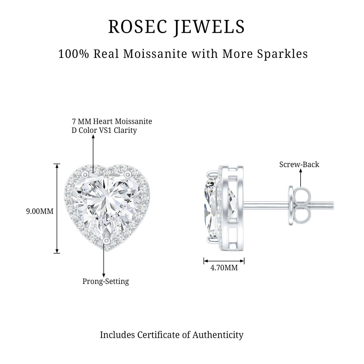 Certified 3 Carat Heart Moissanite Halo Stud Earrings by Rosec Jewels featuring sparkling moissanite stones and a classic stud design.