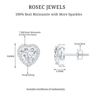 Certified 3 Carat Heart Moissanite Halo Stud Earrings by Rosec Jewels featuring sparkling moissanite stones and a classic stud design.