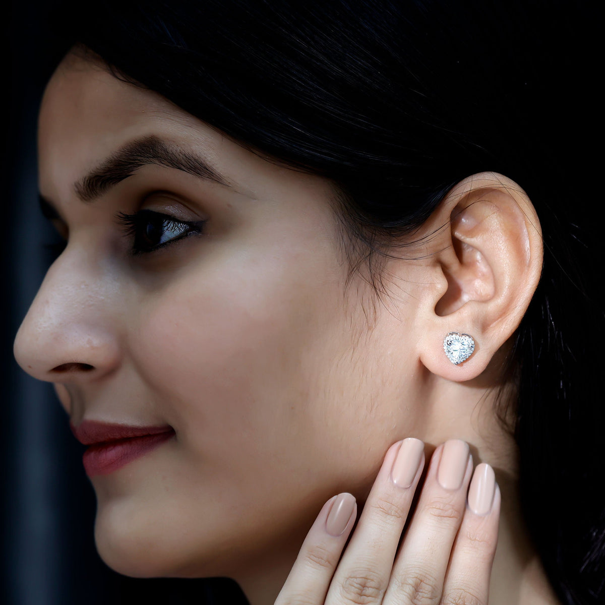 Certified 3 Carat Heart Moissanite Halo Stud Earrings by Rosec Jewels, showcasing sparkling heart-shaped moissanite stones with halo settings.