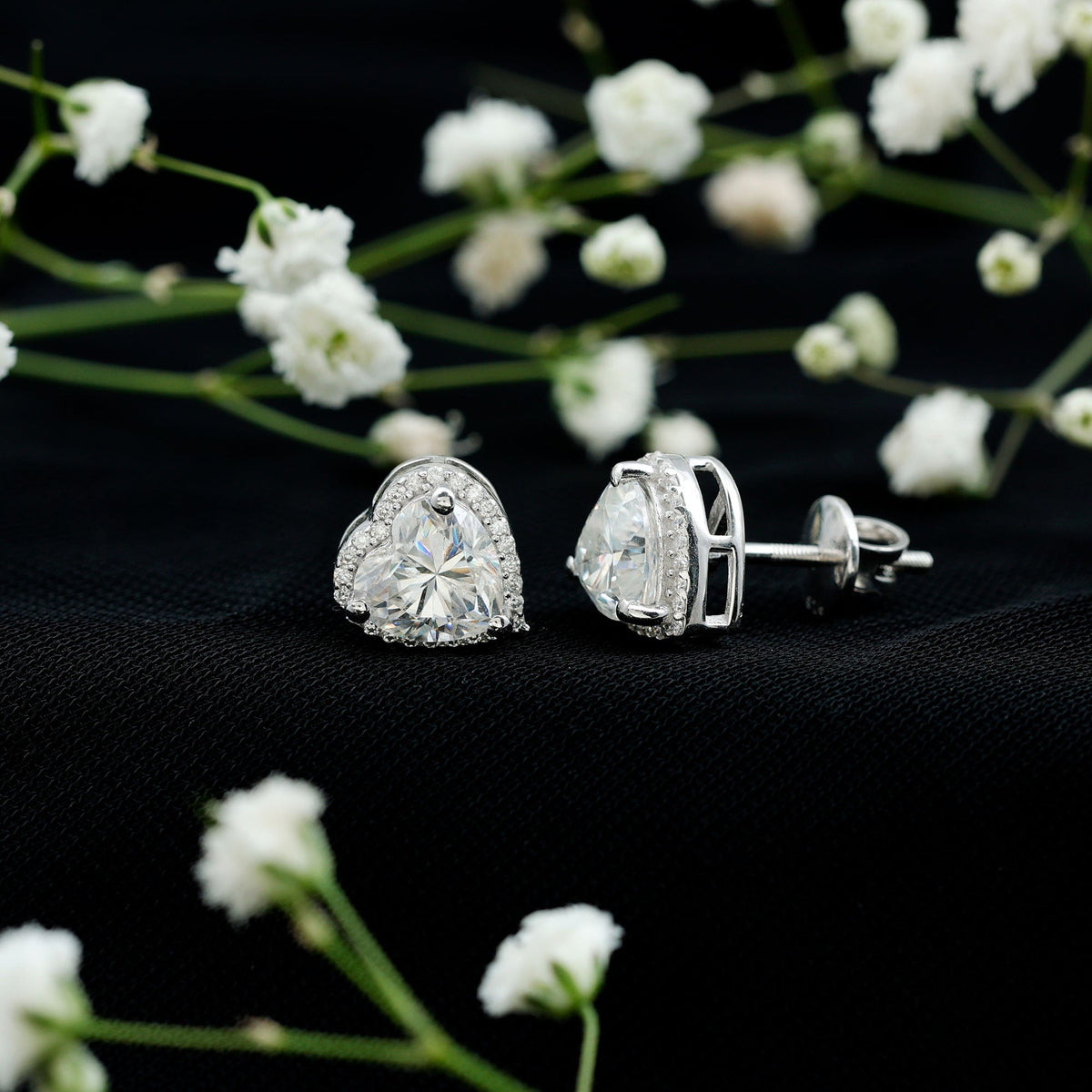 Certified 3 Carat Heart Moissanite Halo Stud Earrings by Rosec Jewels, featuring sparkling moissanite stones and a classic stud design.