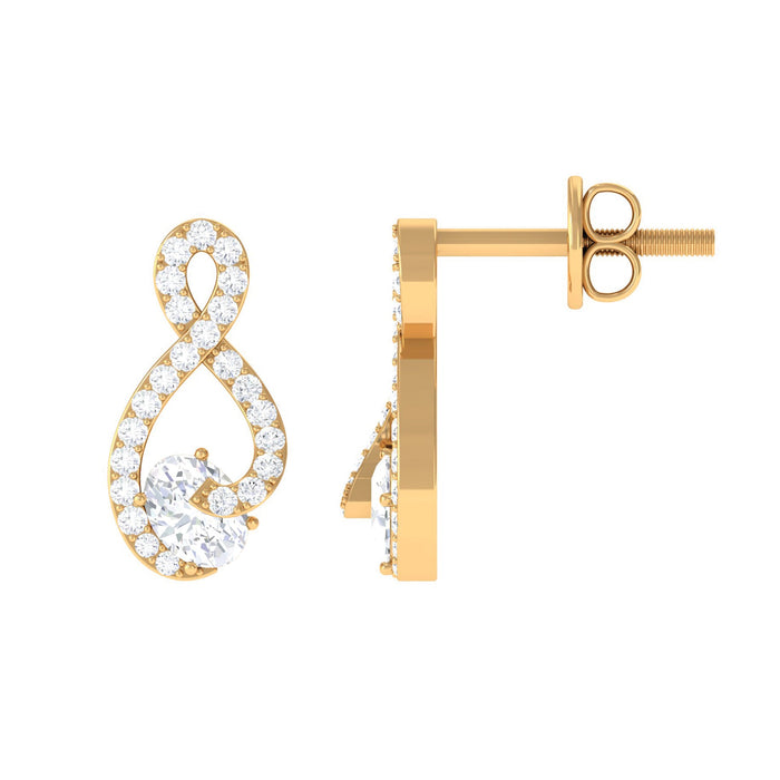 Certified Moissanite infinity stud earrings with screw back, featuring sparkling gemstone and silver-tone setting.