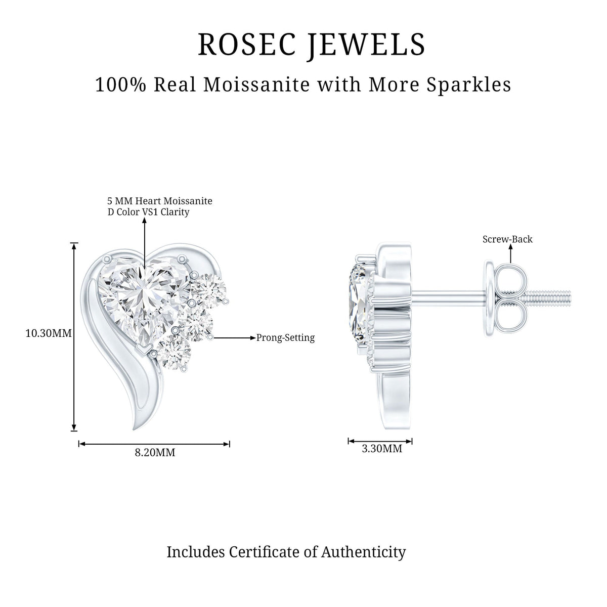 1 Carat Moissanite Heart Stud Earrings in Sterling Silver