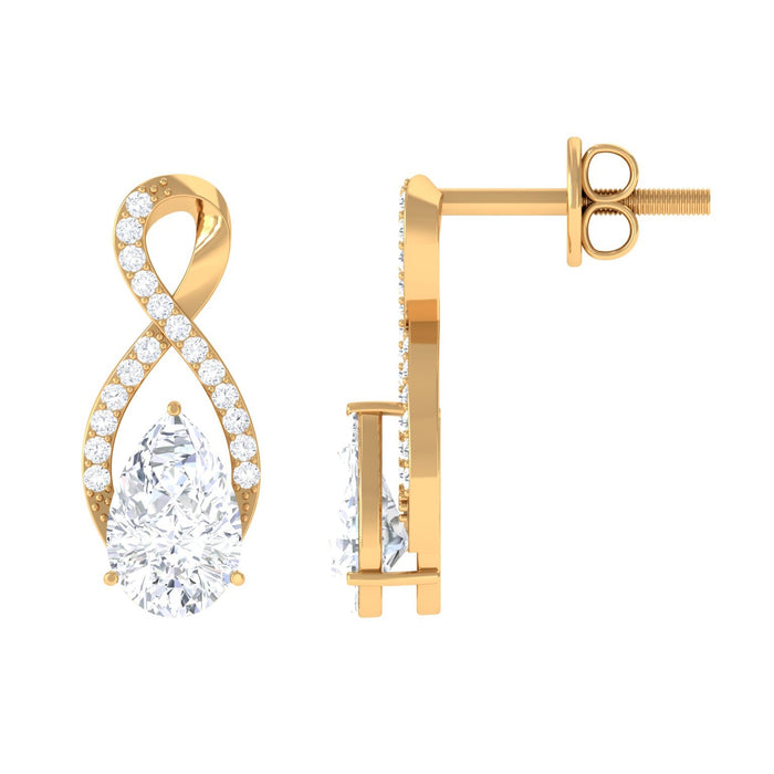 Rosec Jewels infinity stud earrings featuring 0.7 carat pear-shaped moissanite for women, elegant and sparkling jewelry accessory.