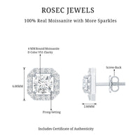 Round Cut Certified Moissanite Halo Stud Earrings with Screw Back