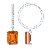 Emerald Cut Lab Grown Orange Sapphire Drop Hoop Earrings with Diamond