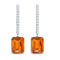 Emerald Cut Lab Grown Orange Sapphire Drop Hoop Earrings with Diamond
