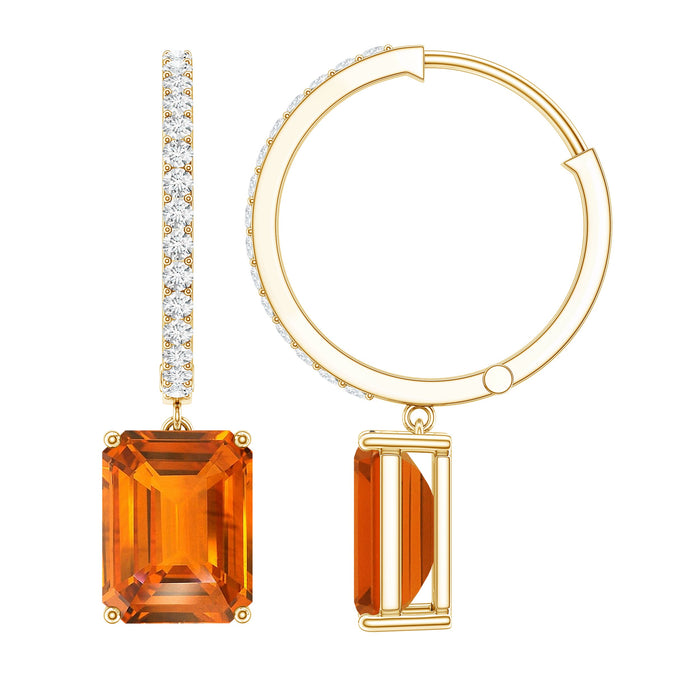 Emerald cut lab-grown orange sapphire drop hoop earrings with diamonds from Rosec Jewels, featuring vibrant orange gemstones and sparkling accents.