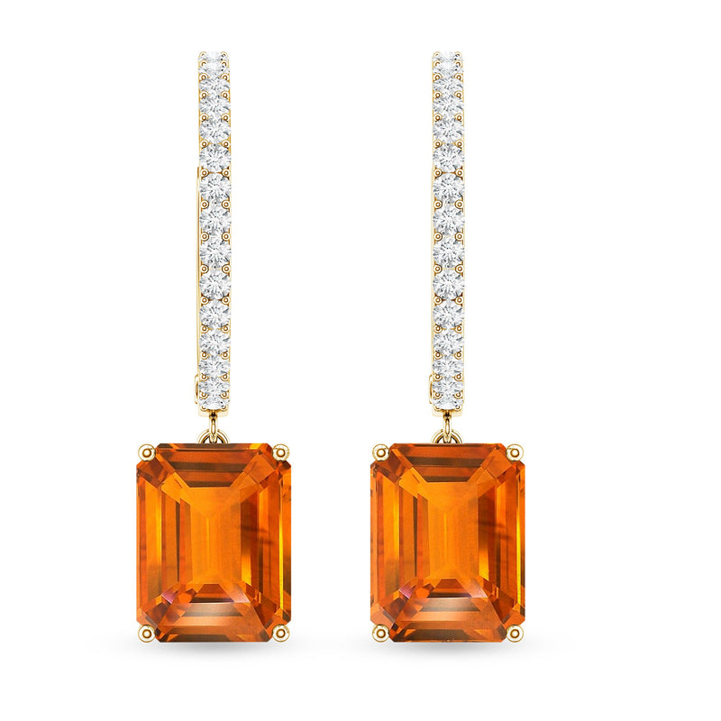 Emerald cut lab-grown orange sapphire drop hoop earrings with diamonds from Rosec Jewels, showcasing vibrant gemstones and elegant design.