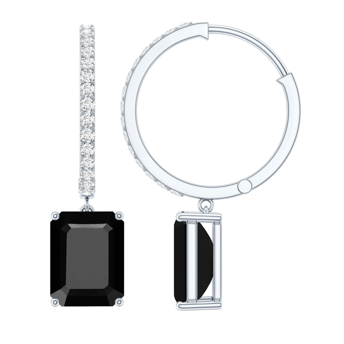 Natural 7X9mm Emerald Cut Black Onyx Hoop Drop Earrings with Diamond